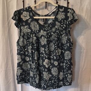 Sonoma Blue Green Floral Ruffled Cap-Sleeve Blouse